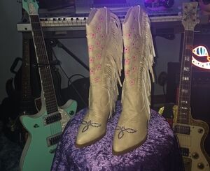 Rhinestone & Fringe Cowboy Boots with Pink Star Details